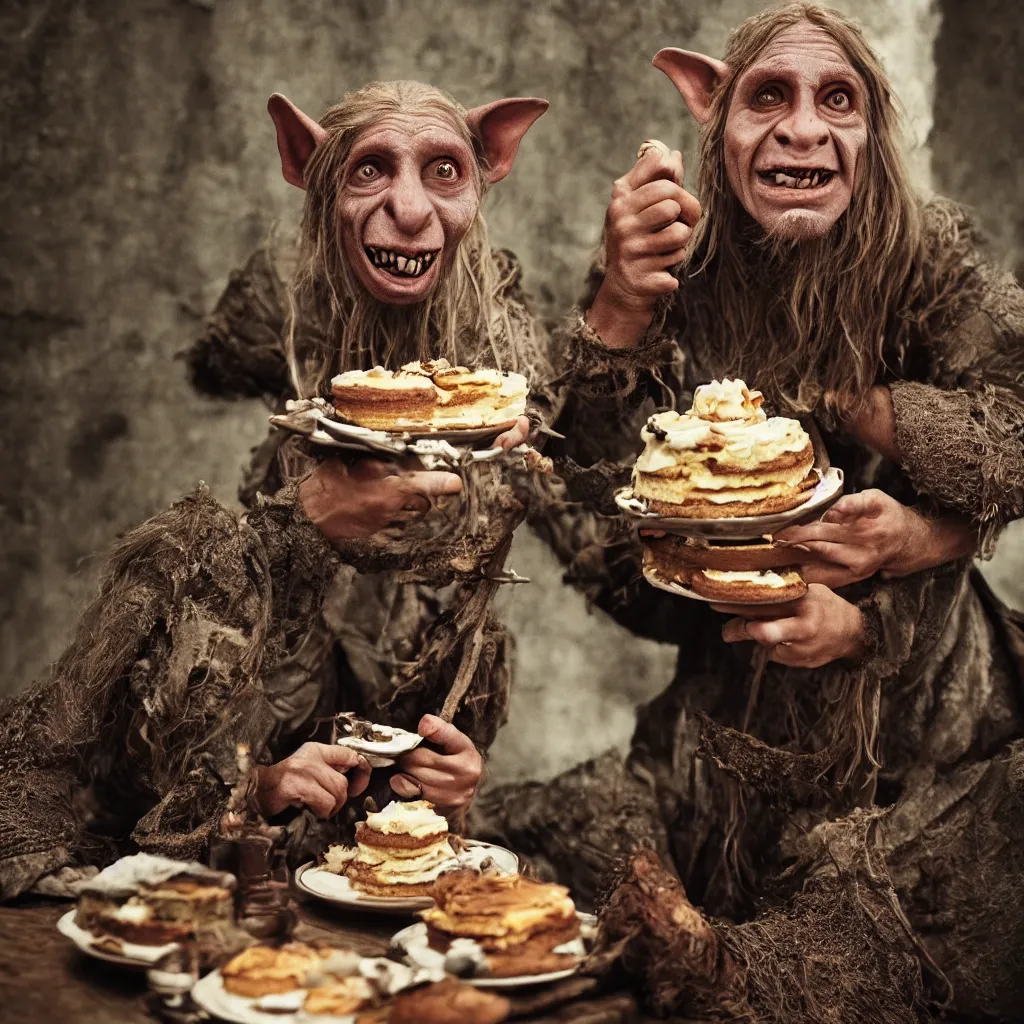 Image similar to closeup portrait of a medieval goblin eating cakes, depth of field, zeiss lens, detailed, symmetrical, centered, fashion photoshoot, by annie leibovitz and steve mccurry, david lazar, jimmy nelsson, breathtaking, 8 k resolution, extremely detailed, beautiful, establishing shot, artistic, hyperrealistic, beautiful face, octane render