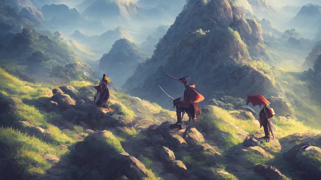 Prompt: samurai resting on a mountain top, cool hazy sky, by sylvain sarrailh, rossdraws, ambient light, ultra detailed, fantasy artwork, 8 k, volumetric lighting, trending on artstation, award winning, very beautiful.