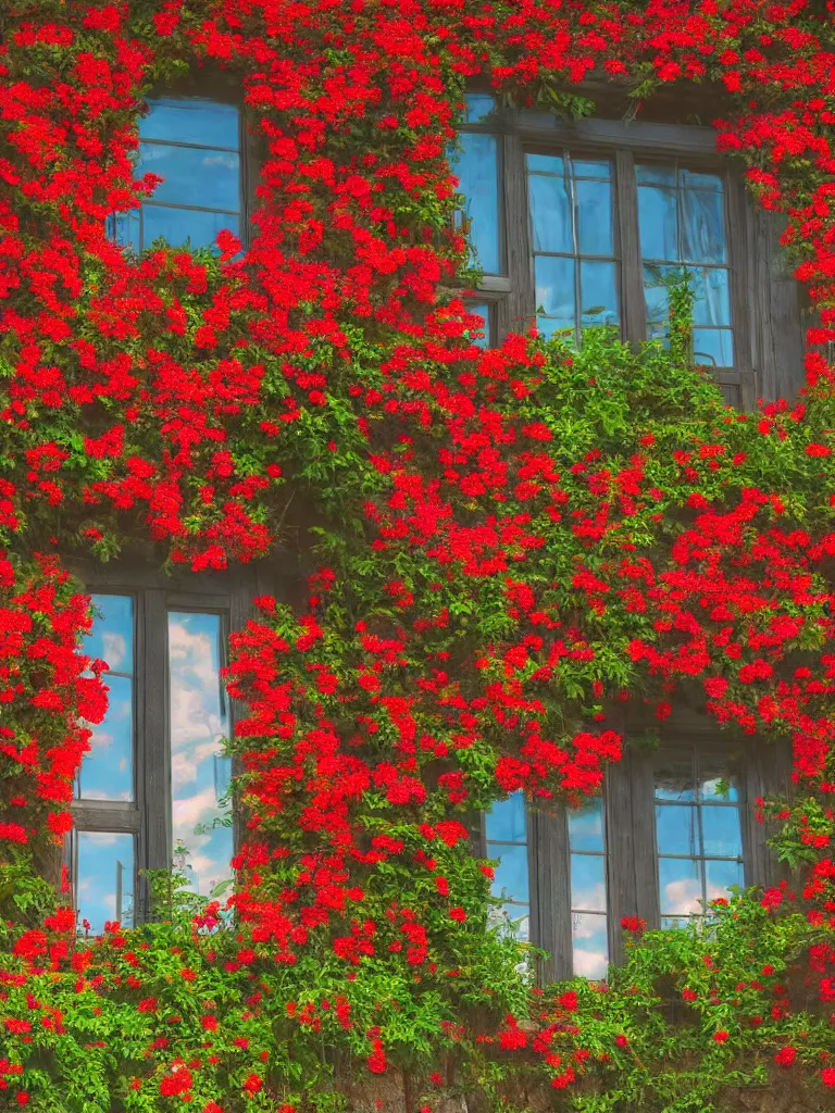 Prompt: a interior photo of a vintage house single window with view to the sunrise near some red flowers, hyperrealistic, digital painting, masterpiece, high quality, highly detailed, high coherence, path traced, serene landscape, beautiful, elegant, bloom, godrays, complementary colors, natural lighting, symmetrical, low contrast, geometrically correct