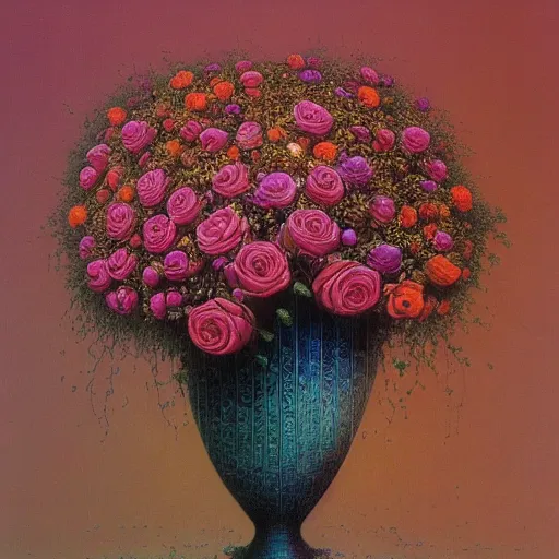 Prompt: a vase full of roses by lisa frank and zdislaw beksinski