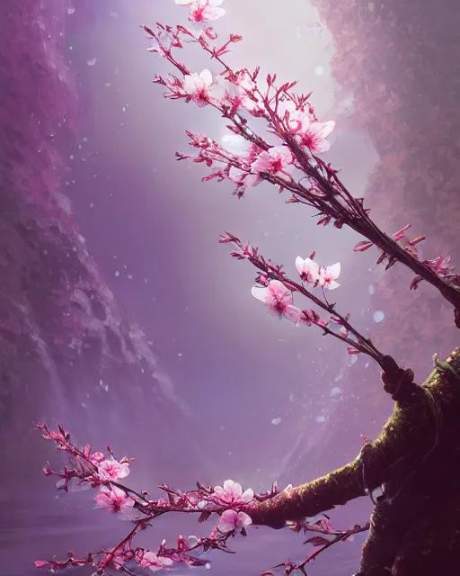 Image similar to one singular matte painting of a wet bioluminescent cherry blossom, highly detailed, digital painting, cinematic, hyper realism, dark retrowave, art by stanley lau and artgem and magali villeneuve and alphonse mucha, artstation, octane renderer, cgsociety