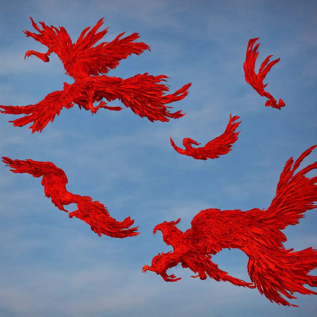Prompt: Flying scarlet phoenix, photograph,