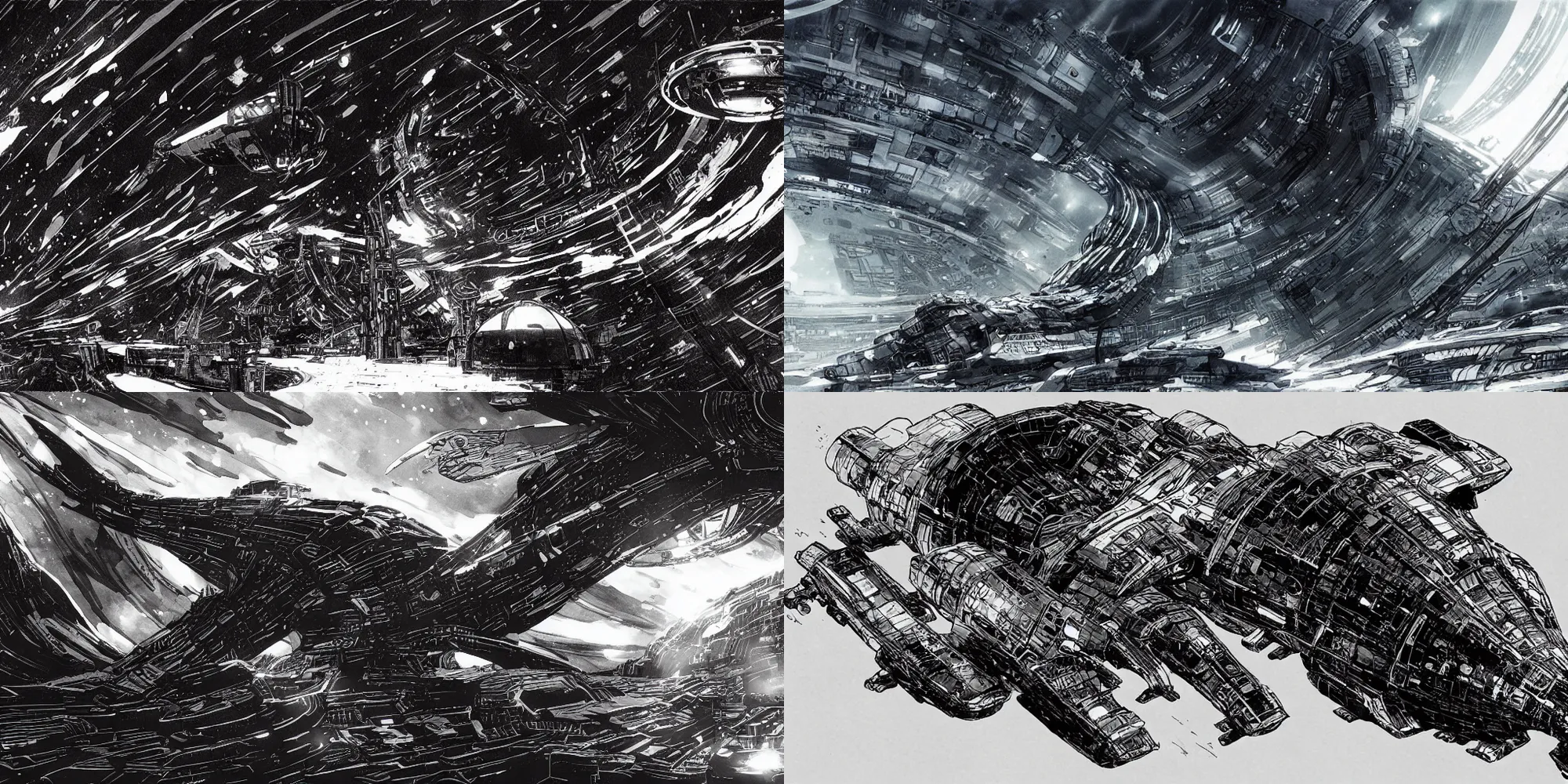 Prompt: Interstellar starship design by Tsutomu Nihei