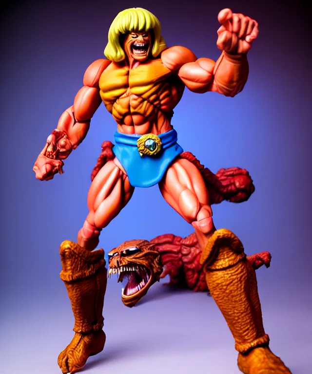 Image similar to hyperrealistic rendering, he - man by art of skinner and richard corben and jeff easley, product photography, action figure, sofubi, studio lighting, colored gels