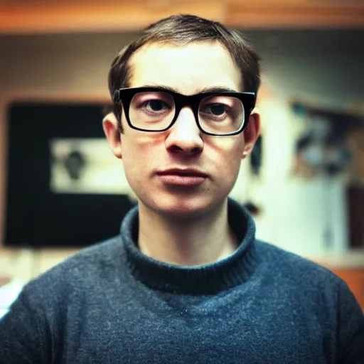 Prompt: highly detailed close up portrait photo of the kind of nerd who spends all day typing image prompts into a discord bot, photo by annie leibovitz