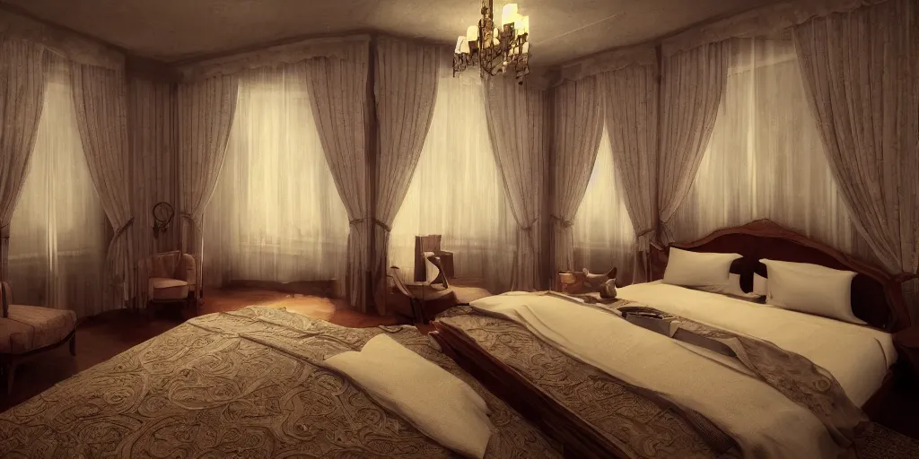 Prompt: hotel bedroom from the 1 9 2 0 s trending on artstation 3 2 k intricate artstation hd cgsociety contest winner polycount hd detailed medium shot stuffy atmosphere dim lighting