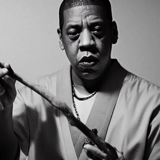 Prompt: cinematic film still of JAY Z starring as a Japanese Sensei with fire, Japanese CGI, VFX, 2003, 40mm lens, shallow depth of field, film photography