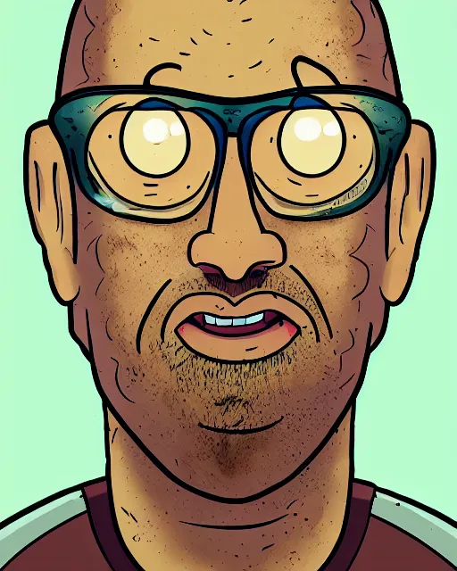 Image similar to portrait of dwayne johnson in the style of justin roiland. ugly, creepy, demonic, horror. cinematic lighting. style of rick & morty. photographic, photography. by justin roiland