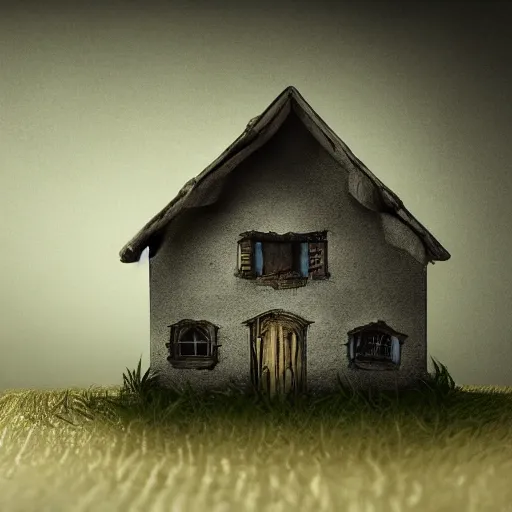 Image similar to little house by Tim Burton, dark background, volumetric lighting