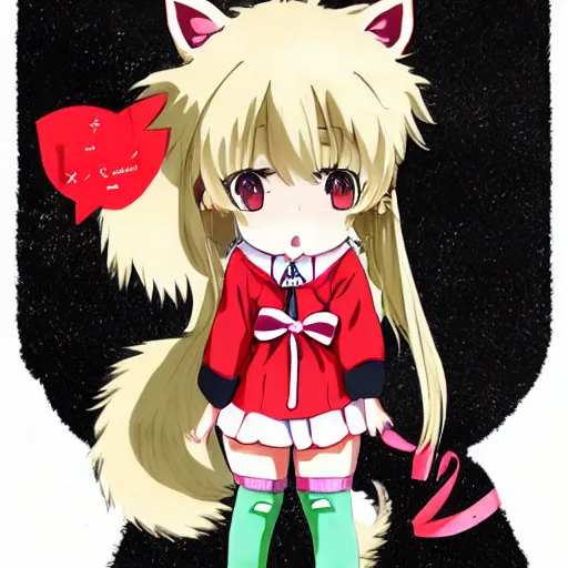 Prompt: japanese anime highschool girl named kemomimi-chan with fox ears and tail, blond hair and fur, collar bell, amber green sailor uniform and red miniskirt, art, digital art trending on pixiv rankings