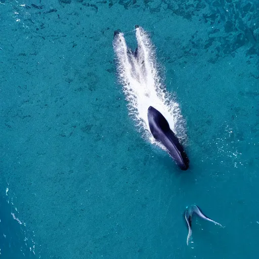 Image similar to an aerial drone shot of a giant whale swimming below a boat in the middle of the ocean