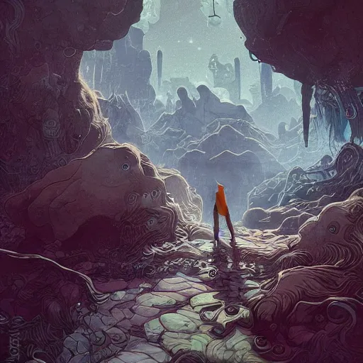 Image similar to weary traveller wandering through an alien world, by james jean, 4 k, beautiful, cinematic dramatic