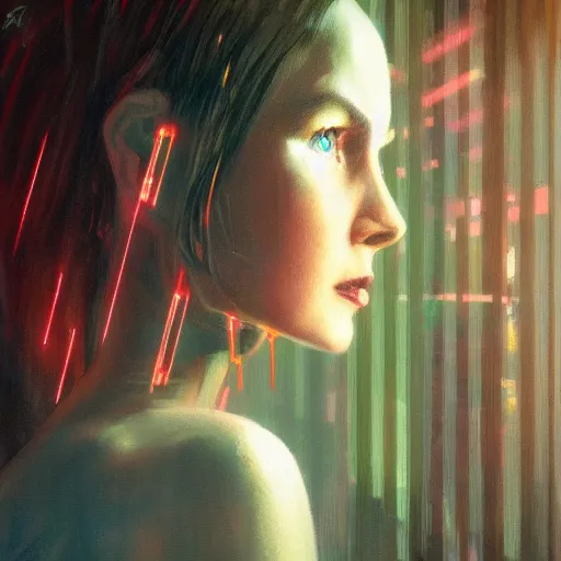 Image similar to detailed face of a woman, moment, cyberpunk cloisters, electronic billboards, tech noir, wet reflections, prism, atmospheric, ambient, pj crook, syd mead, livia prima, greg rutkowski, edward hopper