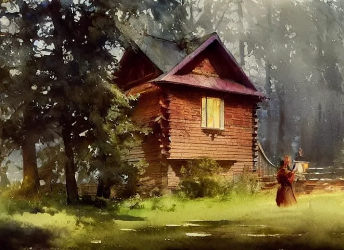 Prompt: watercolor splash, paint drops, drips, aquarelle painting of oak tree and scandinavian red wooden cabin, very very very beautiful, art by anders zorn, wonderful masterpiece by greg rutkowski, cinematic light, american romanticism by greg manchess, creation by tyler edlin