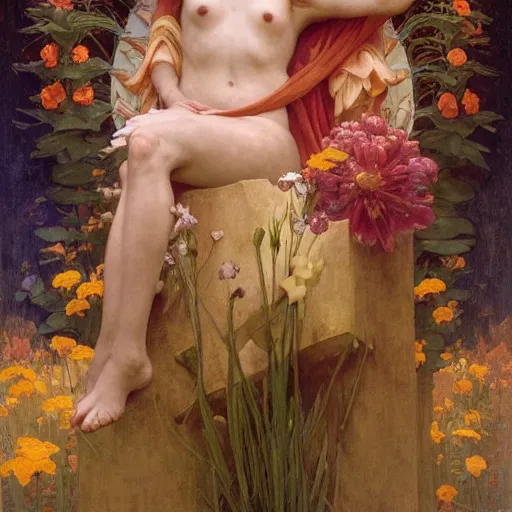 Image similar to queen of flowers, by annie swynnerton and charlie bowater and tino rodriguez and nicholas roerich and jean delville and evelyn de morgan and william - adolphe bouguereau, dramatic lighting, floral tattoos, rich colors, smooth sharp focus, extremely detailed, donato giancola, adolf wolfli