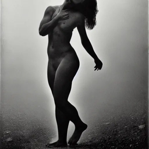 Image similar to full body shot, naturalist photography, beautiful figure, perfect form, dramatic lighting, black and white, in the style of alfred stieglitz