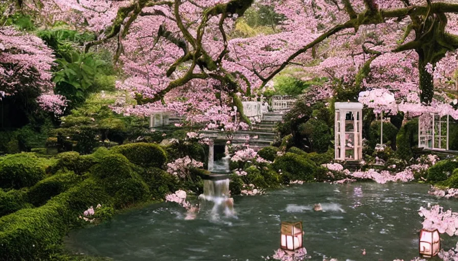 Prompt: a Sophia Coppola 35mm film still of a very surreal magical European castle with a cafe in a lush waterfall garden, falling cherry blossoms pedals, in the style of Gucci and Wes Anderson glowing lights and floating lanterns, foggy atmosphere, rainy, moody, muted colors, magic details, very detailed, 8k, cinematic look