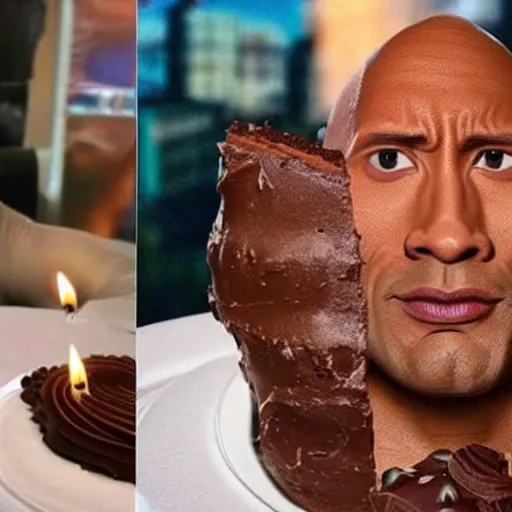 Prompt: dwayne the rock johnson eating a chocolate cake with 100 candles