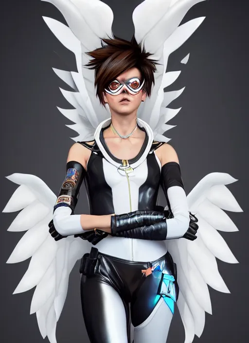 Image similar to portrait bust digital artwork of tracer overwatch, wearing white iridescent rainbow latex and leather straps catsuit outfit, 4 k, expressive happy smug expression, makeup, in style of mark arian, angel wings, wearing detailed black leather collar, chains, black leather harness, detailed face and eyes,