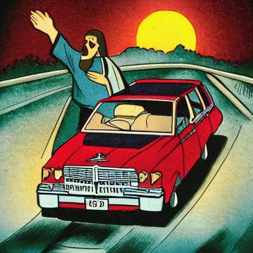 Image similar to jesus driving a kingswood station wagon