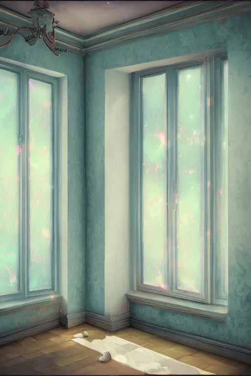 Image similar to matte sharp painting shabby chic room with windows mark rydel, artgerm, lisa frank, artstation behance storybook