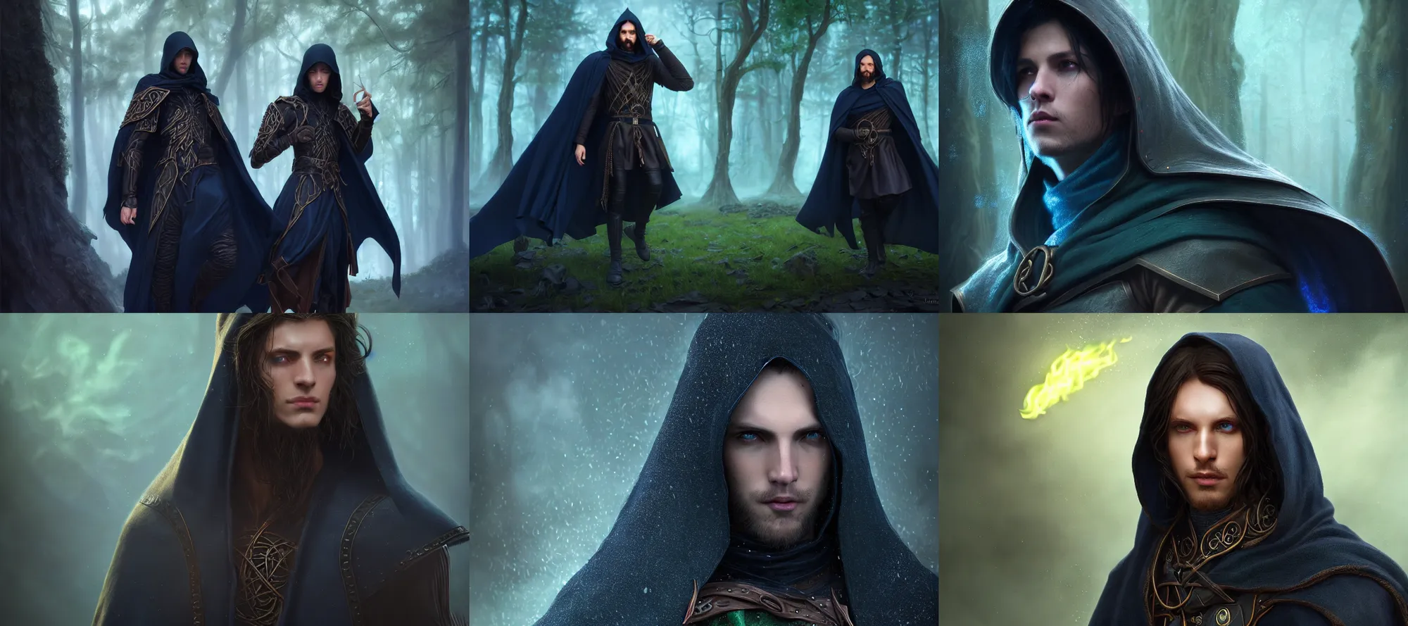 Prompt: ultrarealistic young male mage face portrait running, long black hair blue eyes wearing bronze mantle gothic navy cloak with leather details, green plants, fantasy character octane render, substance painter, cinematic lighting, volumetric lighting, wide angle, artstation, dnd art, cgsociety, sharp focus, digital painting by artgerm, gerald brom, wlop