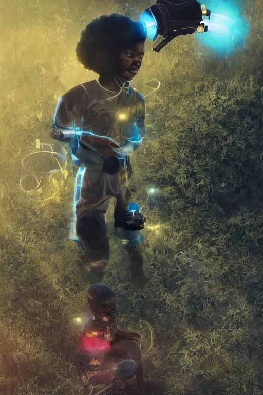 Image similar to a black kid playing with a futuristic robot in the nature, mixing solarpunk, afropunk, cyberpunk, ( ( ( ( volumetric light ) ) ) ), high angle, part by pearl fryar, part by prince damah, sunny day, trending on artstation, cinematic view, illustration, painting, realistic