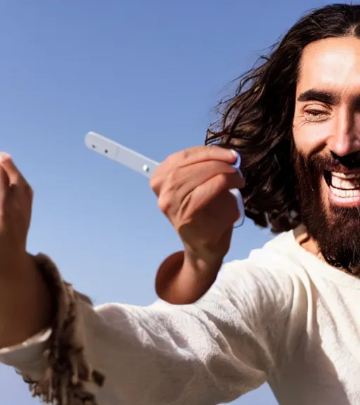 Image similar to Jesus taking a selfie. He is laughing. Professional photo