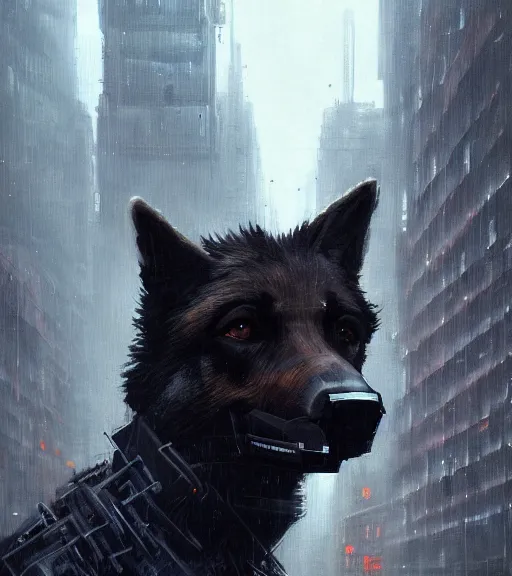 Image similar to new york city portrait of furry anthro anthropomorphic german shepard head animal person fursona wearing clothes strange cybernetic muzzle gloomy rainy cyberpunk digital art by Greg Rutkowski, Simon Stalenhag, christopher nolan trending on Artstation, CGSociety