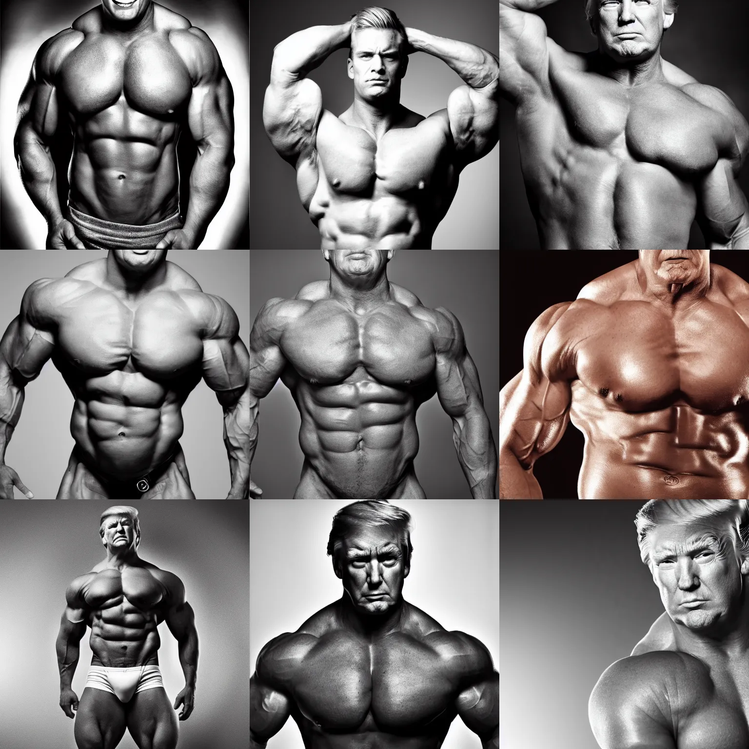 Prompt: a photo of extremely buff donald trump, close up, studio lighting, photoshoot, black and white
