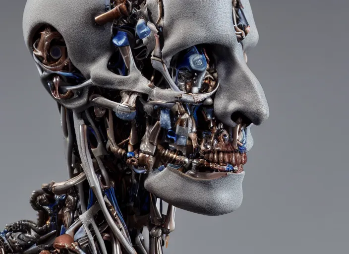 Prompt: a bust sculpture of anatomical detailed cyborg, blue blood ceramic base, studio lighting