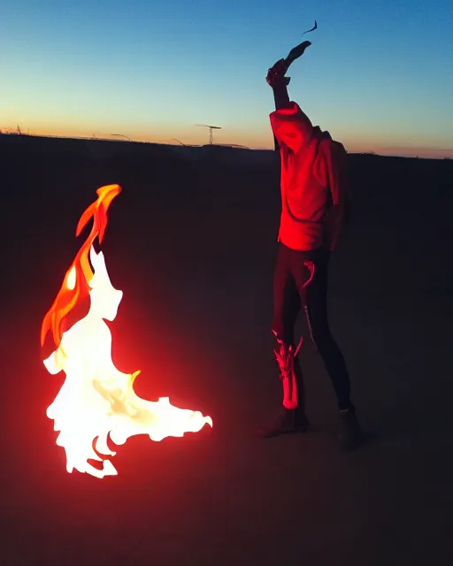 Image similar to photograph, squidward wearing fire nation clothing and practicing firebending outside at susnset