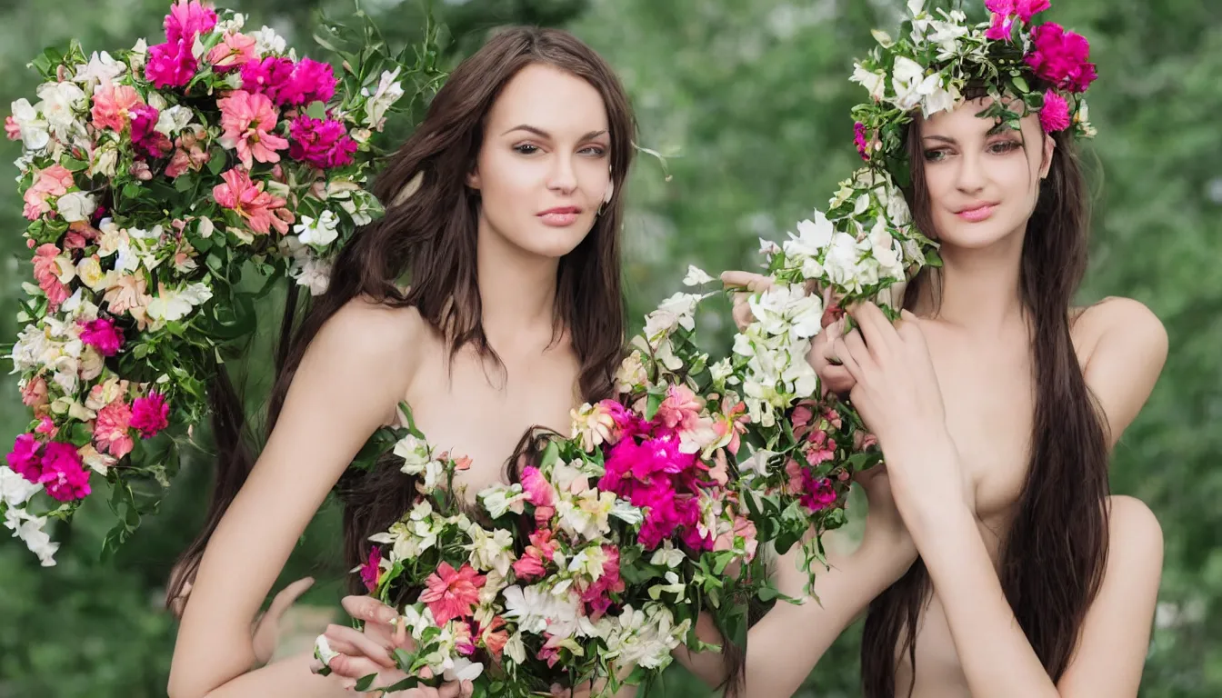 Image similar to beautiful woman with a head made from a bouquet of flowers