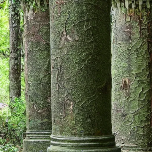 Prompt: a dense forest with a strange concrete pillar in it, with vines growing on the pillar.