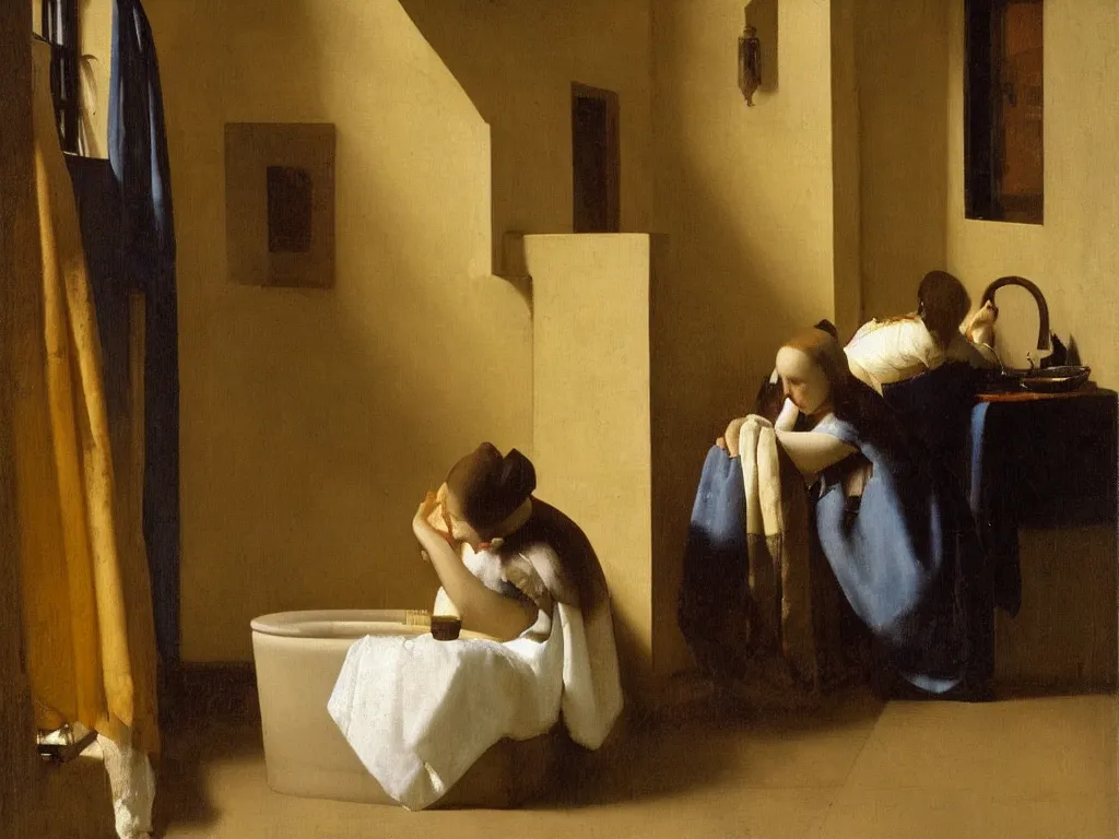 Image similar to Woman washing her hair in a water basin in an interior lit by the window. Painting by Vermeer