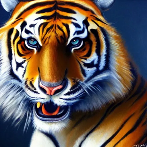 Prompt: A stunning oil painting of a tiger, anatomically correct, artstation, smooth, sharp focus