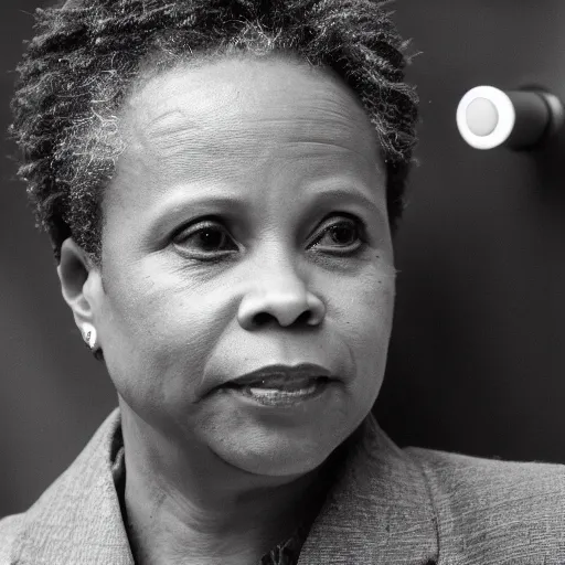 Prompt: chicago mayor lori lightfoot was spotted on woodland trail cam at midnight grayscale night vision
