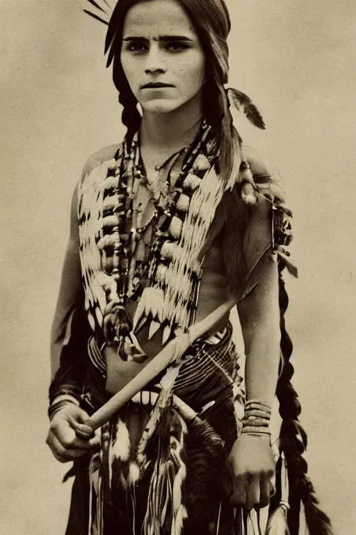 Image similar to Photo of Native American indian woman Emma Watson, portrait, skilled warrior of the Apache, ancient, realistic, detailed, Emma Watson