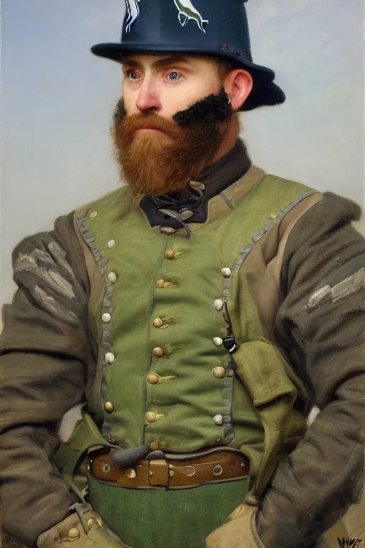 Image similar to portrait minnesota timberwolves military, full battle ready, 1 8 8 9, in full military garb, midnight blue, aurora green, lake blue, moonlight grey, oil on canvas by william sidney mount, trending on artstation