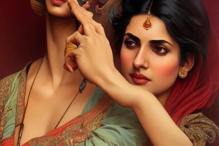 Image similar to sensual pale beautiful indian doctor in jeans, art deco portrait, elegant, intricate, digital painting, artstation, concept art, smooth, sharp focus, illustration, art by artgerm and greg rutkowski and alphonse mucha