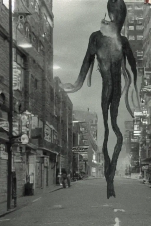 Prompt: still from vhs footage of squid! cryptid floating!! down street