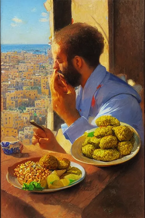 Prompt: portrait of an israeli man eating a falafel in tel aviv, victor Nizovtsev