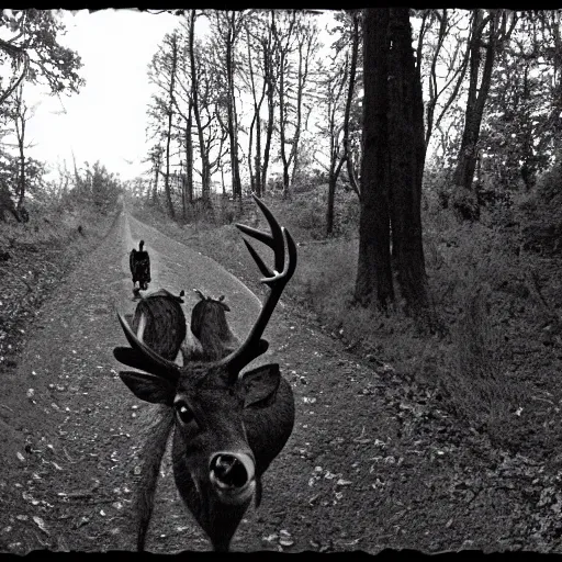 Image similar to alien riding on the back of a deer, grainy trail cam, black and white