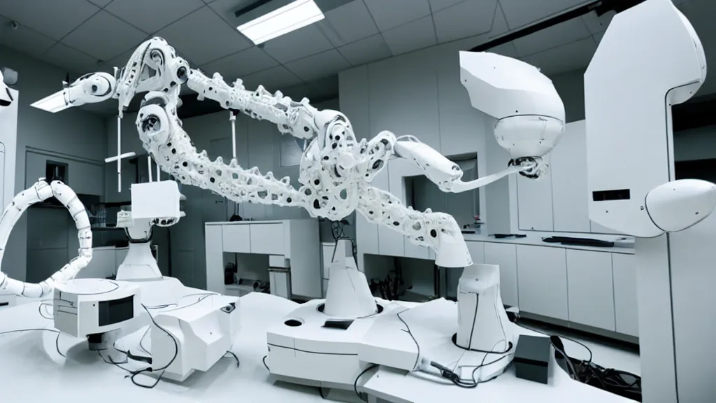 Image similar to a complex bifurcated robotic cnc surgical arm hybrid mri 3 d printer machine making black and white ceramic mutant forms in the laboratory inspection room, film still from the movie directed by denis villeneuve with art direction by salvador dali, wide lens