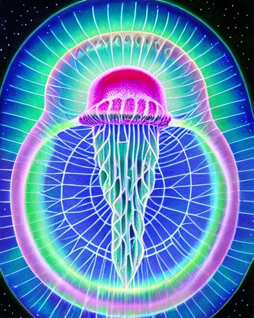 Image similar to detailed realistic geometric glow painting a jellyfish portal emitting light in the cosmos by alex grey symmetry underwater in the cosmos