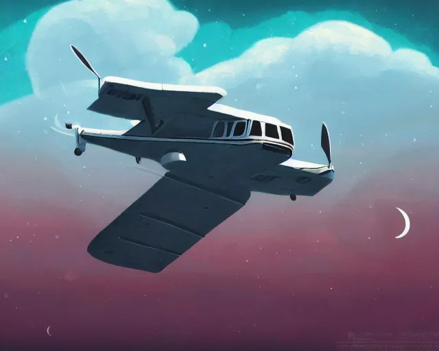 Image similar to a seaplane flying to the moon, porco rosso style, intricate, highly detailed, soft illumination, digital painting, artstation, concept art, smooth, sharp focus, illustration, cinematic, vfx, 4 k