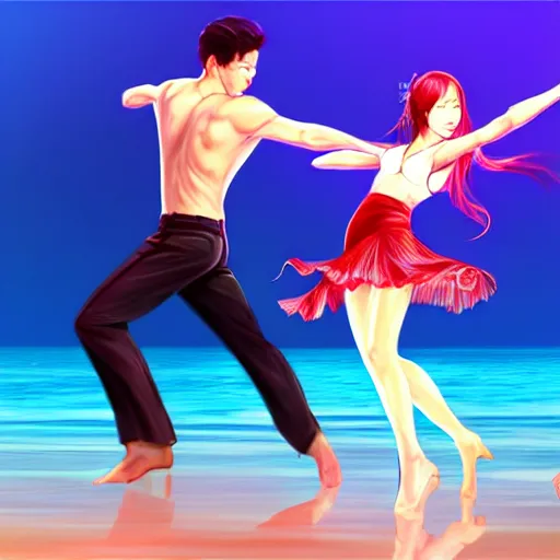 Image similar to semi realistic portrait Salsa Dancing inside clear blue ocean water in blade and soul spinoff by Artgerm Lau , color overlay, rim light and highlights , Gesture draw, Salsa Social Dance, couple, Salsa tricks, WLOP, Hyung-tae Kim, Rossdraws, Gesture draw, James Jean, Andrei Riabovitchev, Marc Simonetti, and Sakimichan, trending on artstation