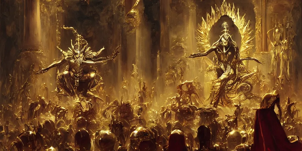 Image similar to beautiful oil painting, high details, alien in royal crimson robes enthroned as the alien god emperor of ancient civilization surrounded by servants in gilded halls a golden wreath upon his head, by anders zorn, wonderful masterpiece by greg rutkowski, beautiful cinematic light, american romanticism, by giger, rolf armstrong, ernie barnes