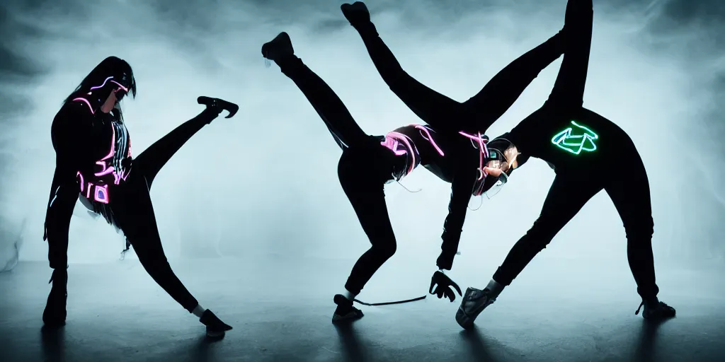 Prompt: break dancer wearing black latex with neon lights, long exposure shot, tron, cinematic view from lower angle, fog on the floor