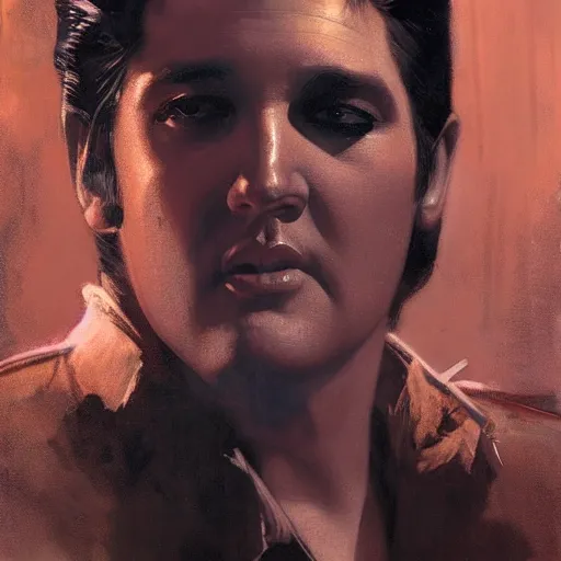 Image similar to elvis presley, hyperrealistic portrait, bladerunner street, art of elysium by frank frazetta and jeremy mann and alphonse mucha, fantasy art, photo realistic, dynamic lighting, artstation, poster, volumetric lighting, very detailed face, 4 k, award winning